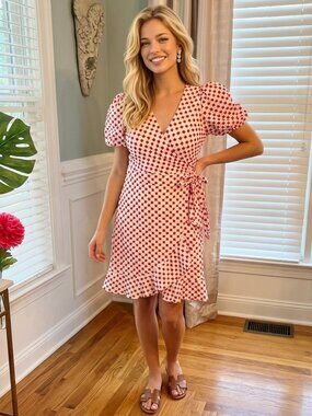 EUC Draper James RSVP Red White Embroidered Wrap Dress Size LARGE